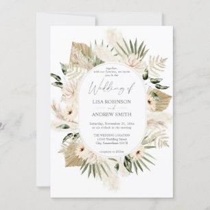 Boho Pampas Grass & Beige Floral Wedding Kaart