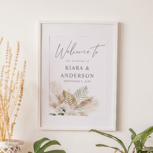 Boho Pampas Grass & Beige Floral Welkomstteken Poster