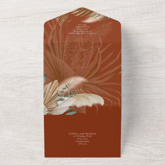 BOHO Pampas Grass Beige Green Terracotta Wedding All In One Uitnodiging (Buitenkant)