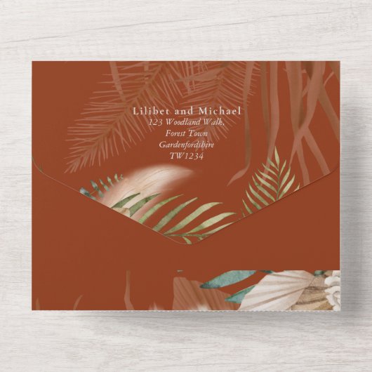 BOHO Pampas Grass Beige Green Terracotta Wedding All In One Uitnodiging (Achterkant)