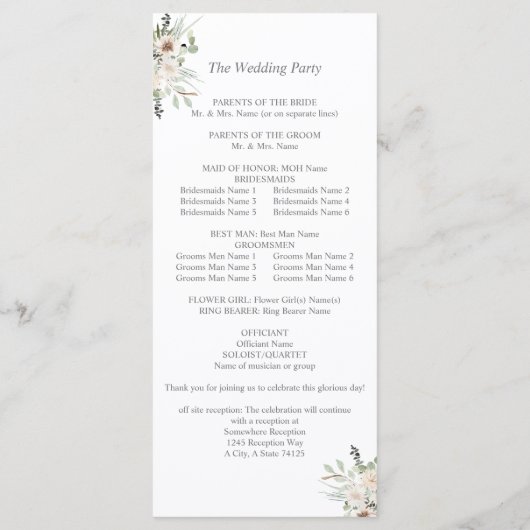 Boho Pampas Grass & Beige L Wedding Ceremony Programmakaart (Achterkant)