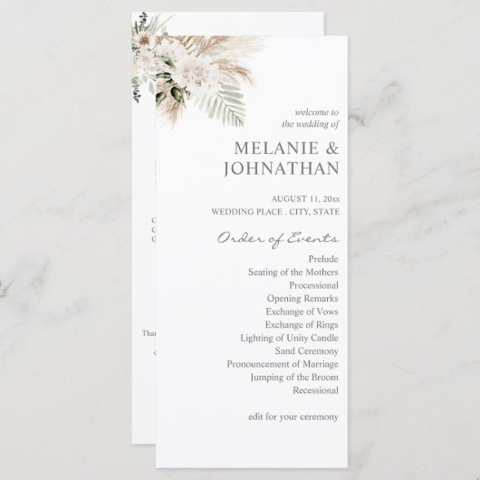 Boho Pampas Grass & Beige L Wedding Ceremony Programmakaart (Voorkant / Achterkant)