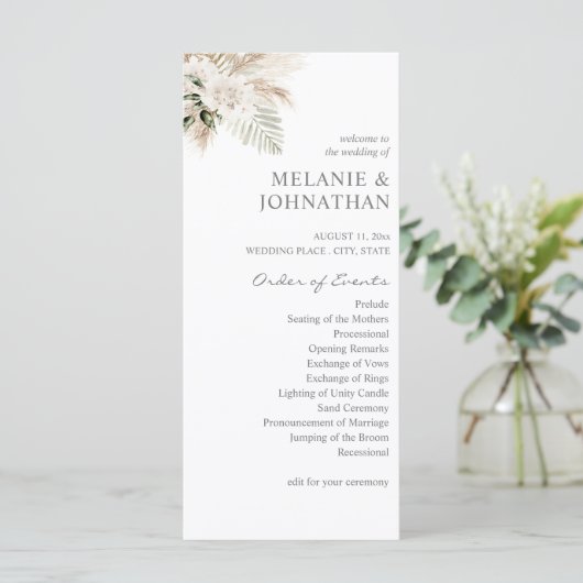 Boho Pampas Grass & Beige L Wedding Ceremony Programmakaart (Staand voorkant)