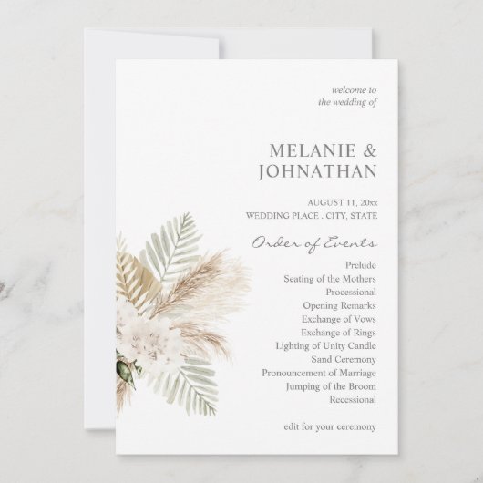 Boho Pampas Grass & Beige Wedding Ceremony Program Kaart (Voorkant)