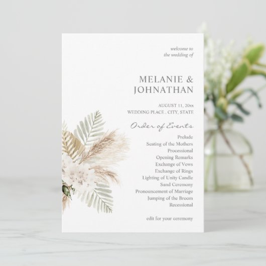 Boho Pampas Grass & Beige Wedding Ceremony Program Kaart (Staand voorkant)