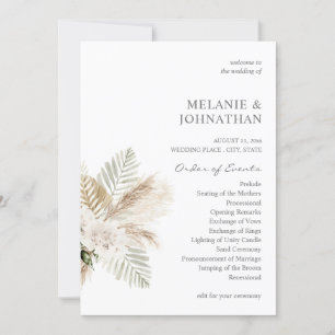 Boho Pampas Grass & Beige Wedding Ceremony Program Kaart