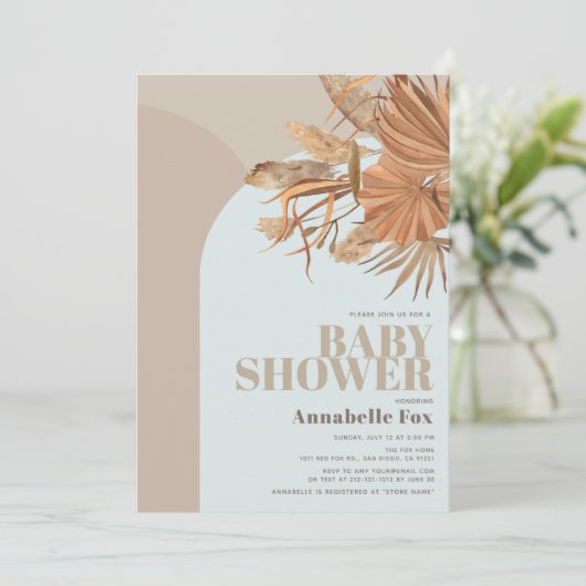 Boho Pampas Grass Blauw Baby shower Uitnodiging (Staand voorkant)