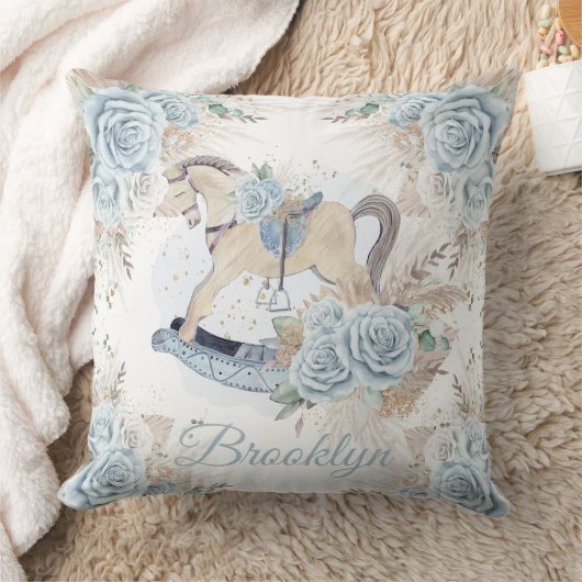 Boho Pampas Grass Blauw Bloemen Rocking Paard Kussen (Deken)