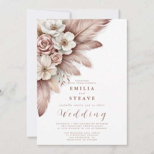 Boho Pampas Grass Bloemen Crème Rozen bruiloft Kaart (Voorkant)