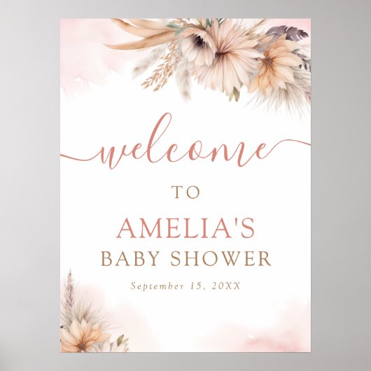 Boho Pampas Grass Bloemen Meisje Baby shower Welko Poster (Voorkant)