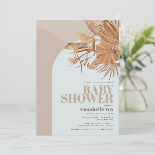 Boho Pampas Grass Blue Virtual Baby shower Kaart (Staand voorkant)