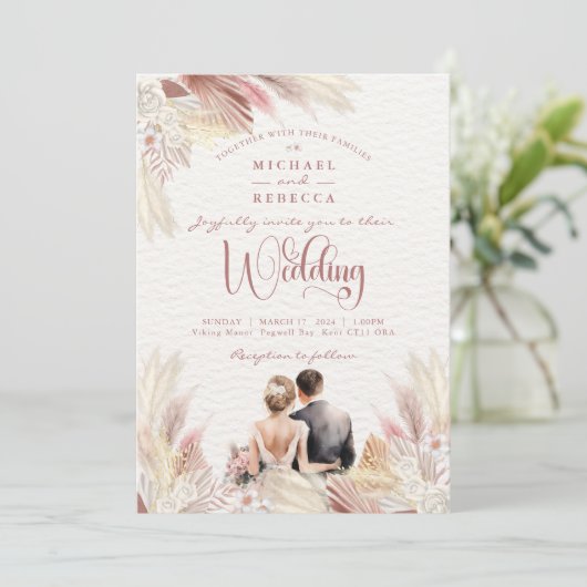 Boho Pampas Grass Blush Dusky Pink Wedding Invita Kaart (Staand voorkant)