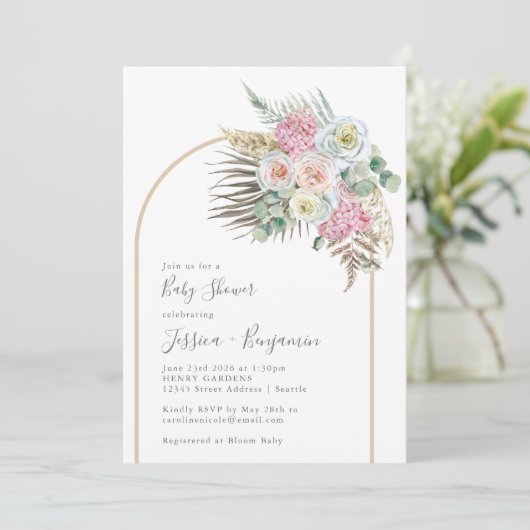 Boho Pampas Grass Blush Floral Arch Baby shower Kaart (Staand voorkant)