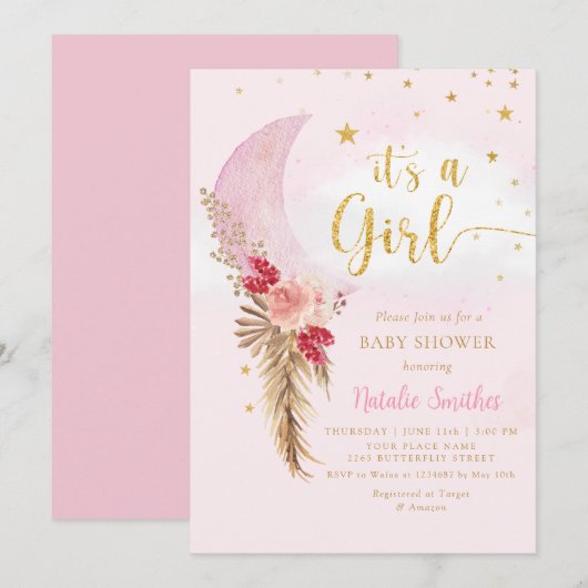 Boho Pampas Grass Blush Pink Girl Baby shower Kaart (Voorkant / Achterkant)