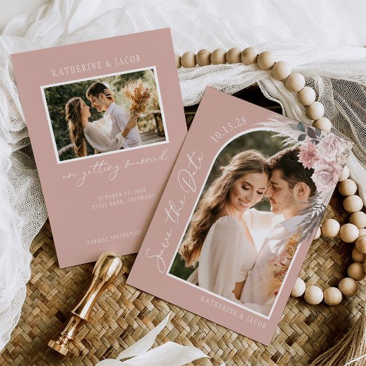 Boho Pampas Grass Blush Pink Photo Weddenschap Save The Date