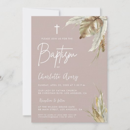 Boho Pampas Grass Blush Roze Aangepaste Doop Kaart (Voorkant)