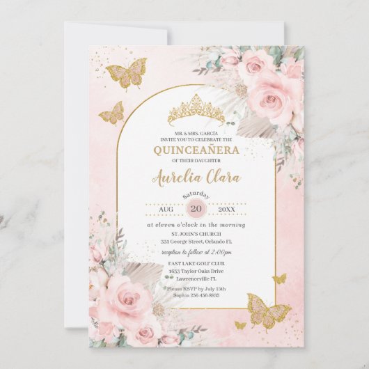 Boho Pampas Grass Blush Roze Bloemen Quinceañera Kaart (Voorkant)