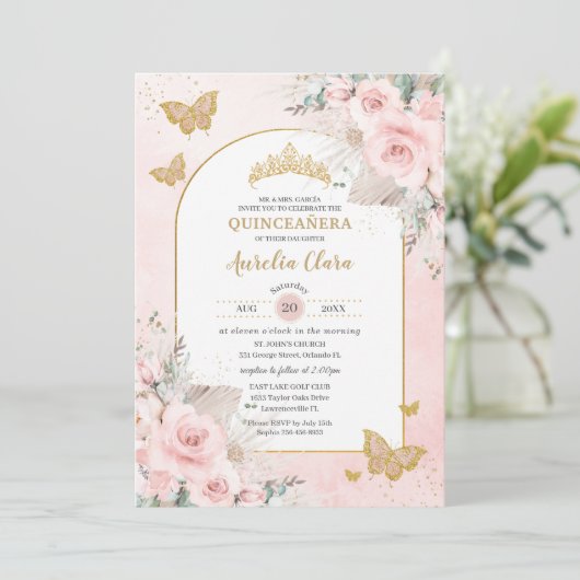 Boho Pampas Grass Blush Roze Bloemen Quinceañera Kaart (Staand voorkant)