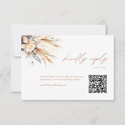 Boho Pampas Grass Bruiloft RSVP QR Code Kaart (Voorkant)