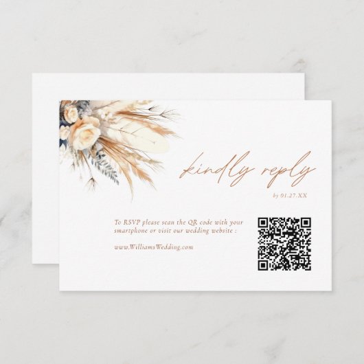Boho Pampas Grass Bruiloft RSVP QR Code Kaart (Voorkant / Achterkant)