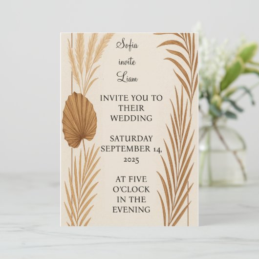 Boho Pampas Grass bruiloft uitnodiging | minimalis (Staand voorkant)