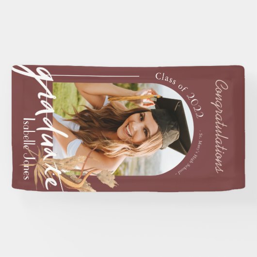 Boho Pampas Grass Burgundy Photo Afstuderen Banner (Horizontaal)