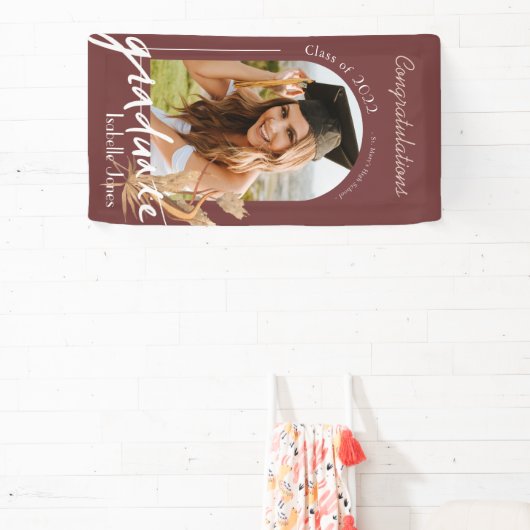 Boho Pampas Grass Burgundy Photo Afstuderen Banner (Insitu)