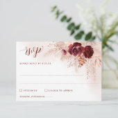 Boho Pampas Grass Burgundy Rozen Floral Wedding RSVP Kaartje (Staand voorkant)