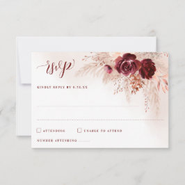 Boho Pampas Grass Burgundy Rozen Floral Wedding RSVP Kaartje