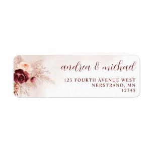 Boho Pampas Grass Burgundy Rozen Weddenschap Label