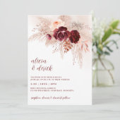 Boho Pampas Grass Burgundy Rozen Wedding Kaart (Staand voorkant)