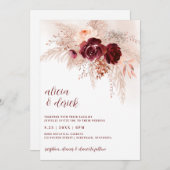Boho Pampas Grass Burgundy Rozen Wedding Kaart (Voorkant / Achterkant)