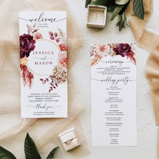 Boho Pampas Grass Burgundy Wedding Programme Programmakaart