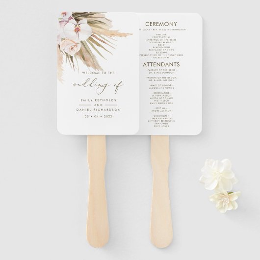 Boho Pampas Grass & Calligraphy Wedding Programme Handwaaier (Voorkant en achterkant)