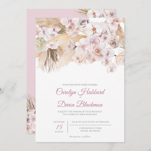 Boho Pampas Grass Dried Floral Blush Roos Wedding Kaart (Voorkant / Achterkant)