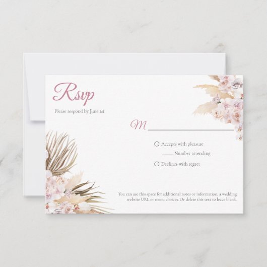 Boho Pampas Grass Dried Floral Blush Roos Wedding RSVP Kaartje (Voorkant)