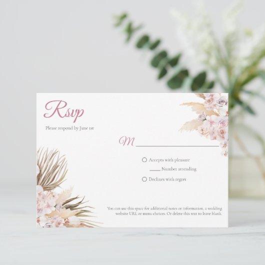 Boho Pampas Grass Dried Floral Blush Roos Wedding RSVP Kaartje (Staand voorkant)