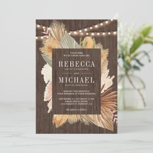 Boho Pampas Grass Dried Palm Leaves Wood Weddensch Kaart (Staand voorkant)