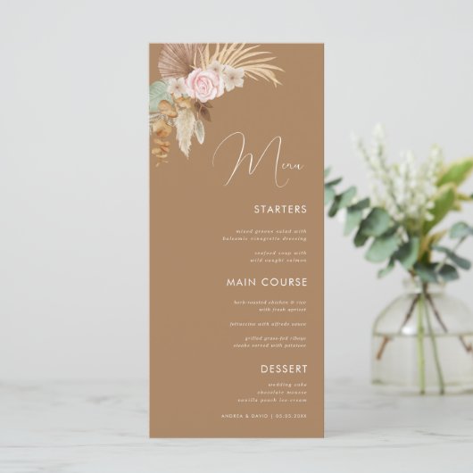 Boho Pampas Grass Dried Tropical Brown Wedding Menu (Staand voorkant)