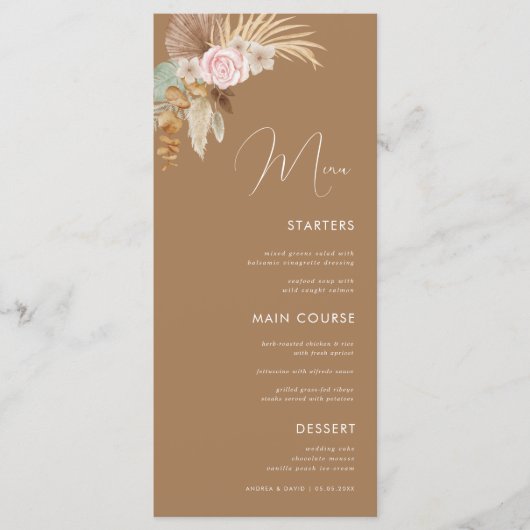 Boho Pampas Grass Dried Tropical Brown Wedding Menu (Voorkant)