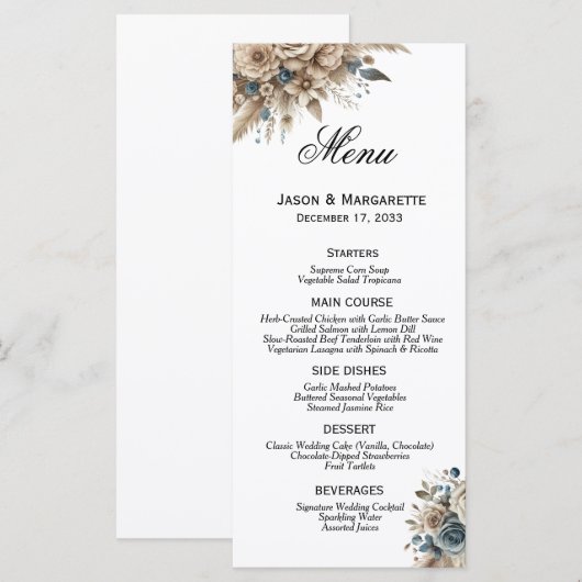 Boho Pampas Grass Dusty Blue Florals Modern  Menu (Voorkant / Achterkant)