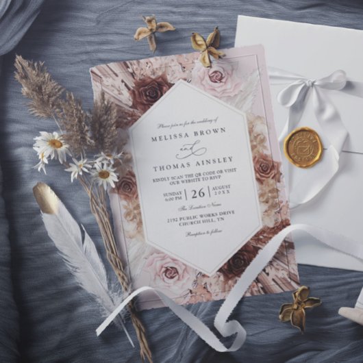 Boho Pampas Grass Dusty Floral QR Code Wedding Kaart