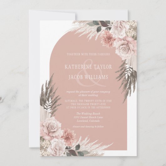 Boho Pampas Grass Dusty Pink Floral Wedding Kaart (Voorkant)