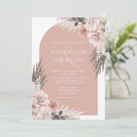 Boho Pampas Grass Dusty Pink Floral Wedding Kaart (Staand voorkant)