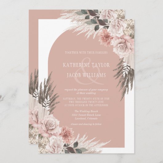 Boho Pampas Grass Dusty Pink Floral Wedding Kaart (Voorkant / Achterkant)