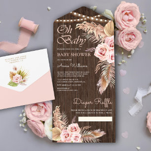 Boho Pampas Grass Dusty Pink Rose Baby shower All In One Uitnodiging