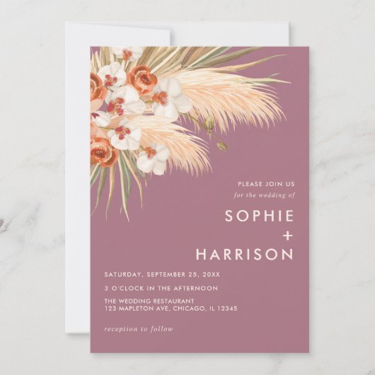 Boho Pampas Grass Dusty Roos Wedding Kaart (Voorkant)