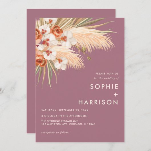  Boho Pampas Grass Dusty Roos Wedding Kaart (Voorkant / Achterkant)