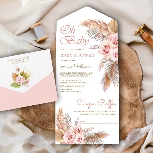 Boho Pampas Grass Dusty Roses Baby shower All In One Uitnodiging