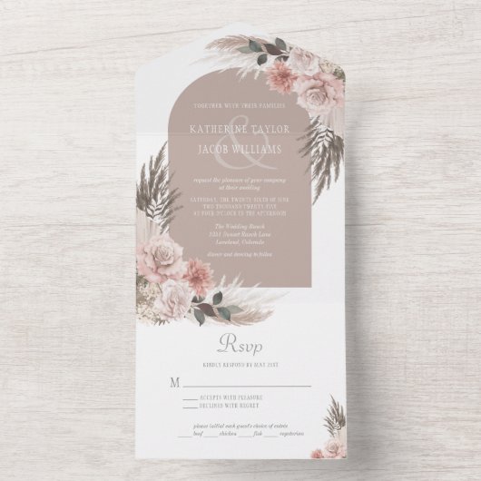 Boho Pampas Grass Earth Tones Floral Wedding All In One Uitnodiging (Binnen)